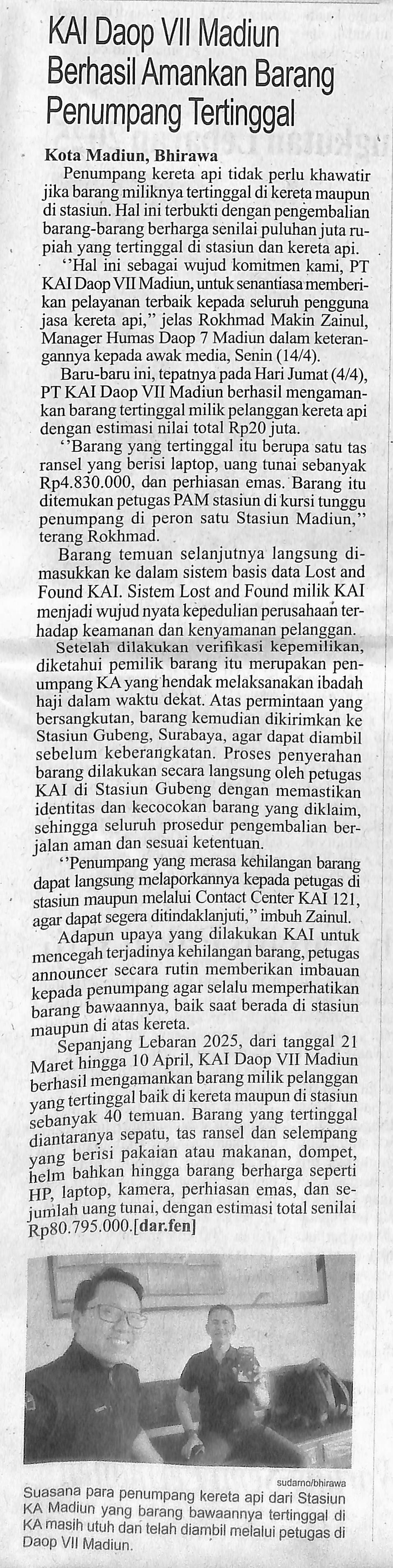 KAI Daop VII Madiun Berhasil Amankan Barang Penumpang Tertinggal