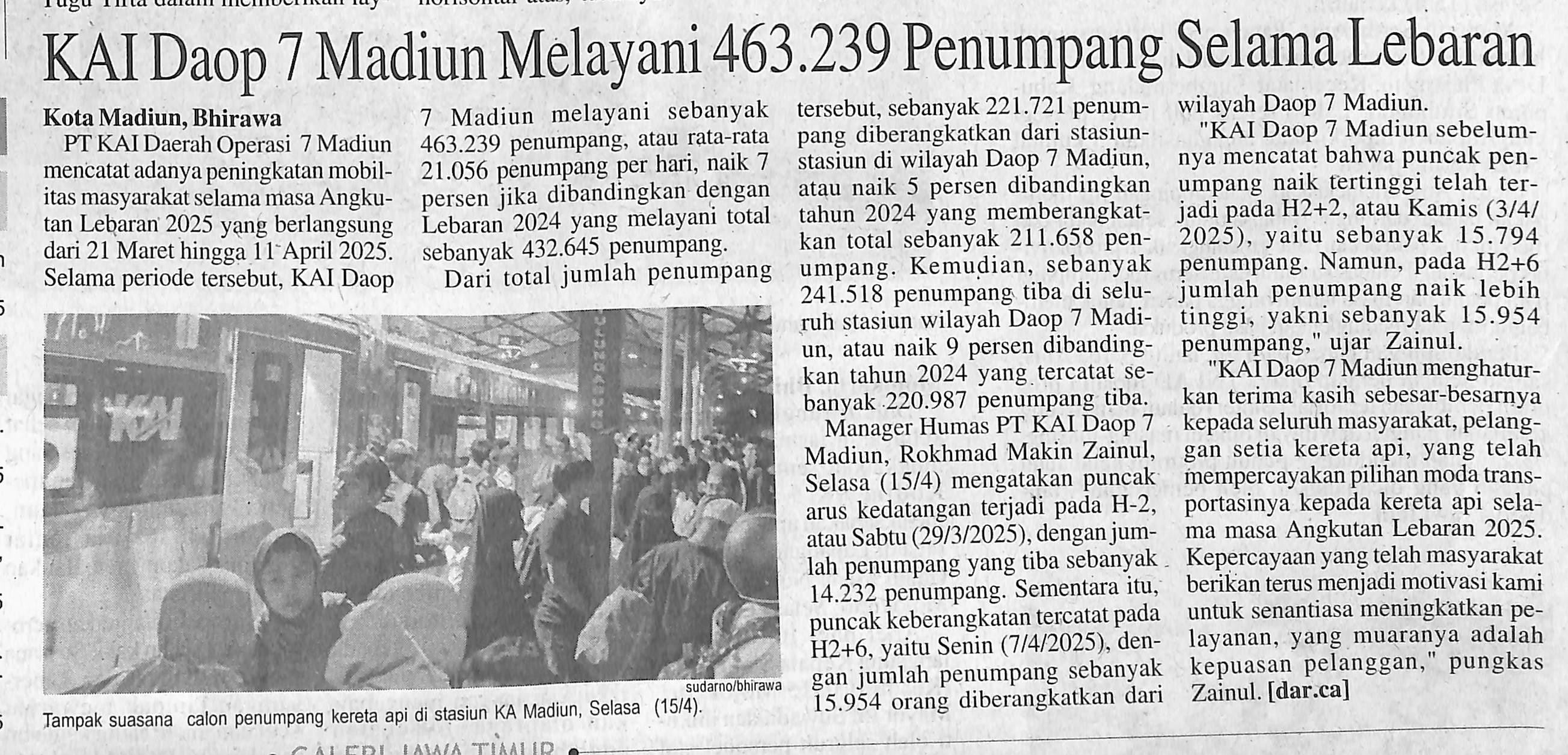 KAI Daop 7 Madiun Melayani 463.239 Penumpang Selama Lebaran