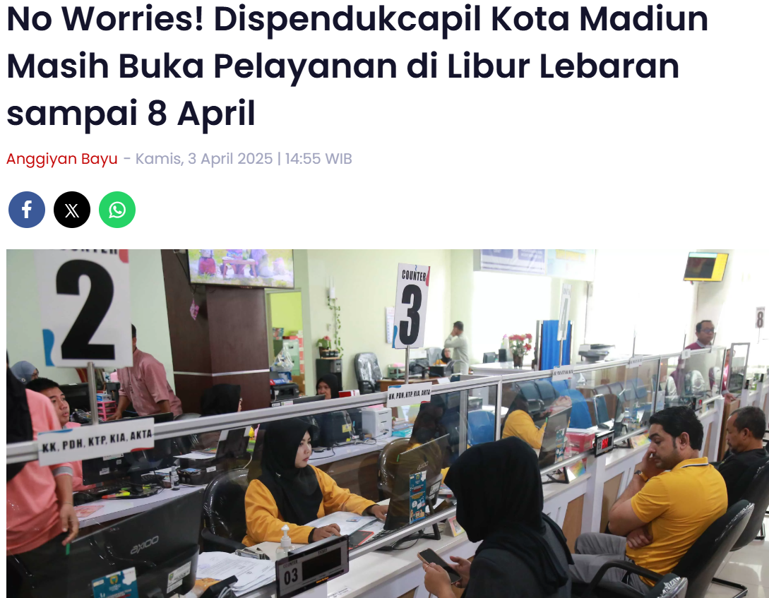 No Worries, Dispendukcapil Kota Madiun Masih Buka Pelayanan di Libur Lebaran sampai 8 April