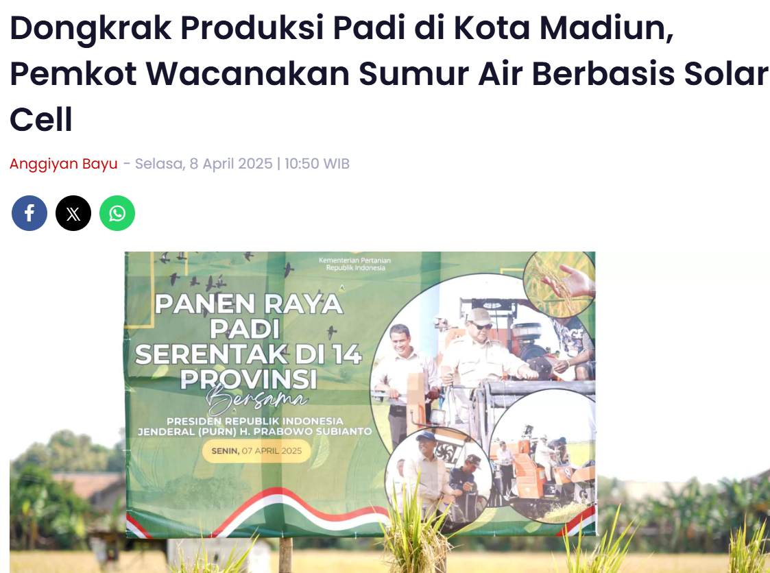 Dongkrak Produksi Padi di Kota Madiun, Pemkot Wacanakan Sumur Air Berbasis Solar Cell