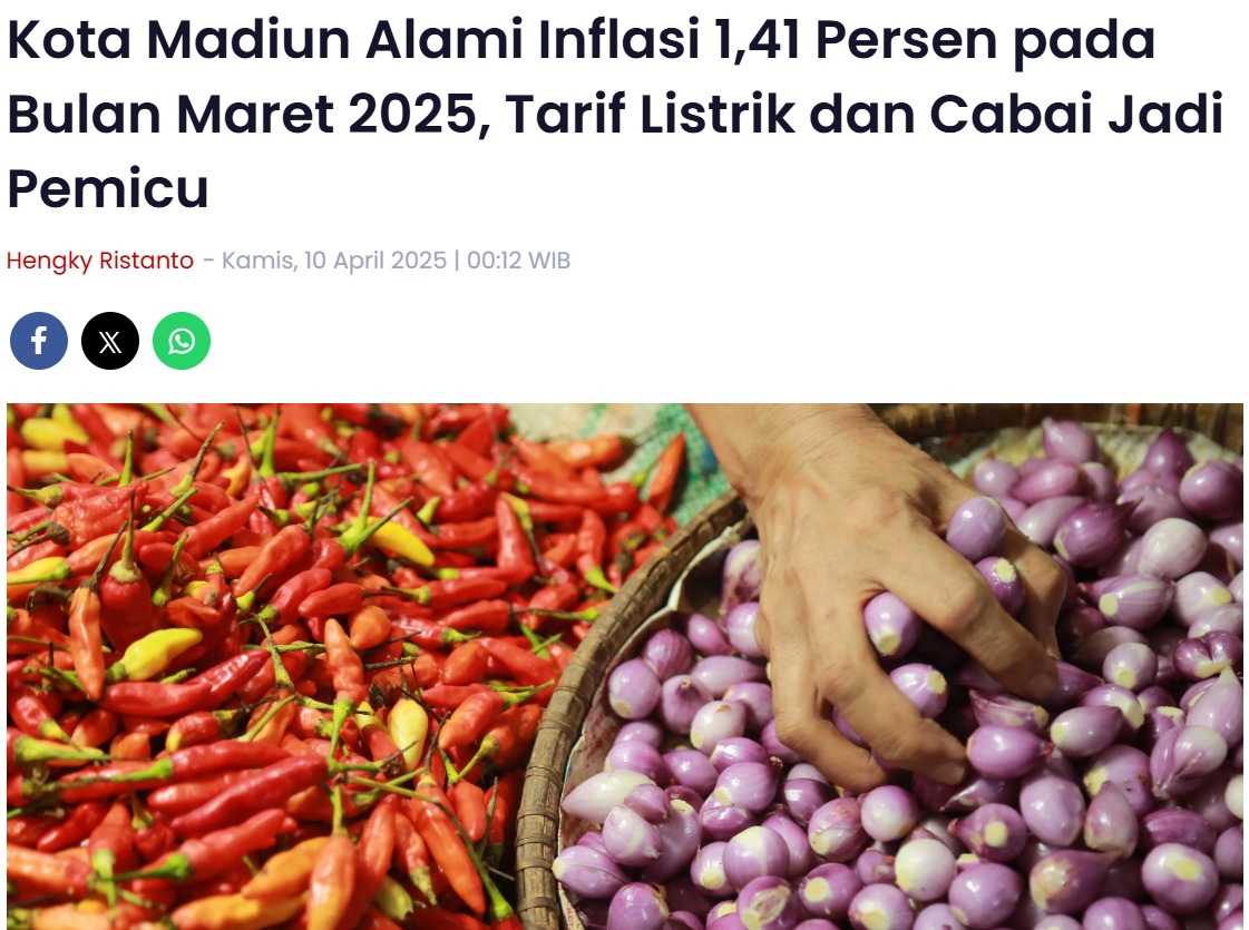 Kota Madiun Alami Inflasi 1,41 Persen pada Bulan Maret 2025, Tarif Listrik dan Cabai Jadi Pemicu