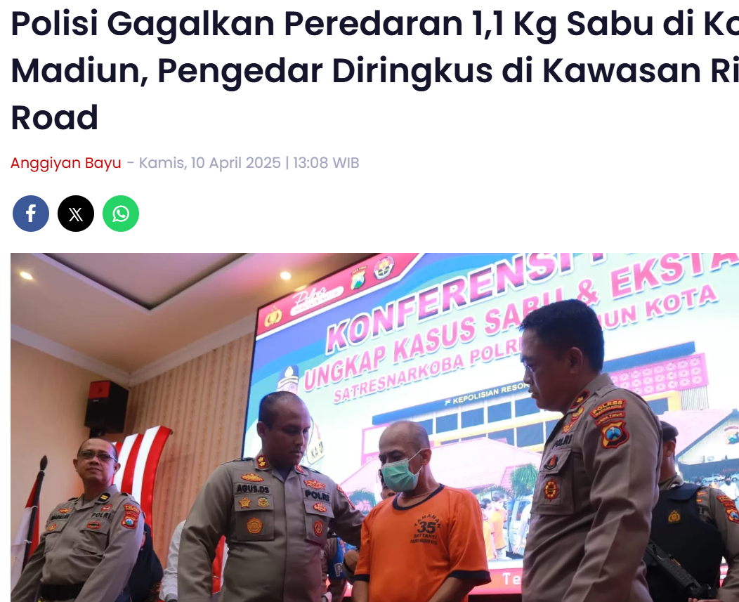 Polisi Gagalkan Peredaran 1,1 Kg Sabu di Kota Madiun, Pengedar Diringkus di Kawasan Ring Road