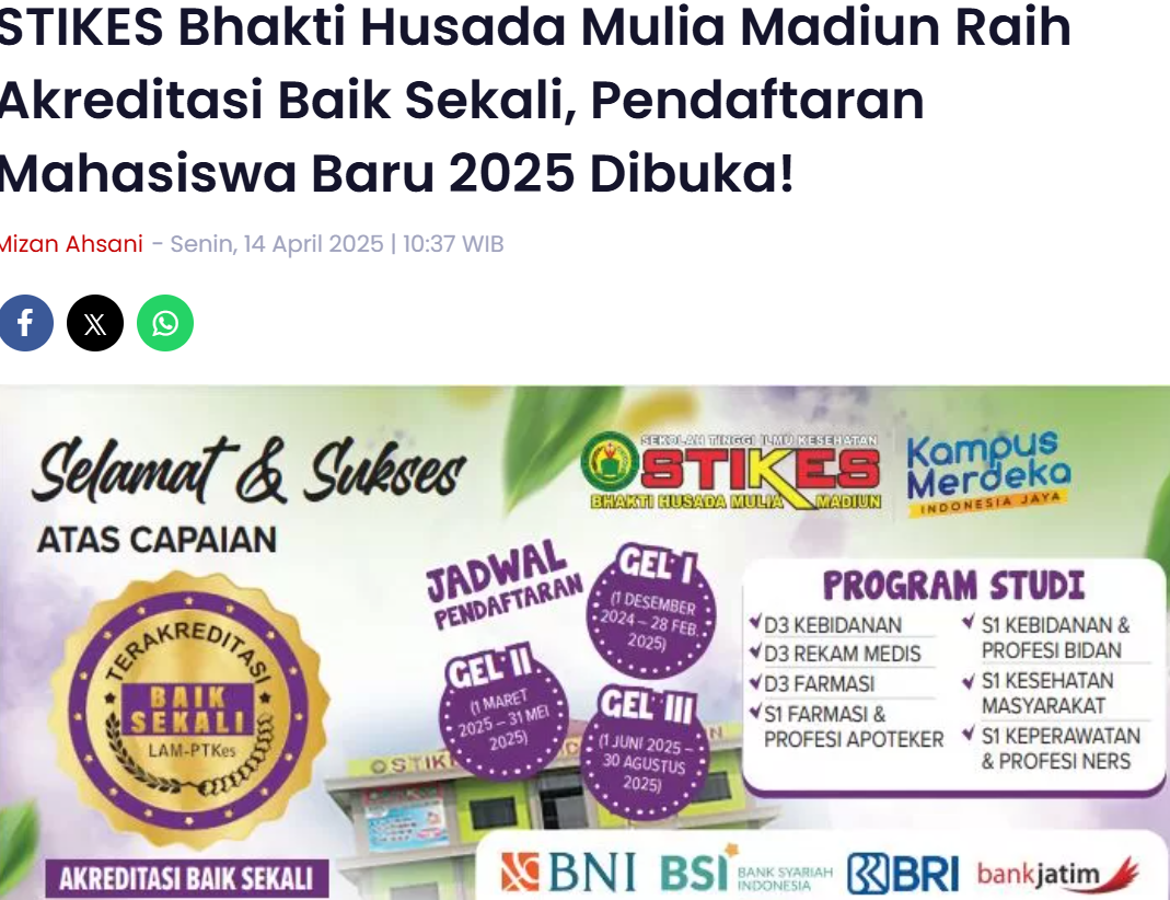 STIKES Bhakti Husada Mulia Madiun Raih Akreditasi Baik Sekali, Pendaftaran Mahasiswa Baru 2025 Dibuka!