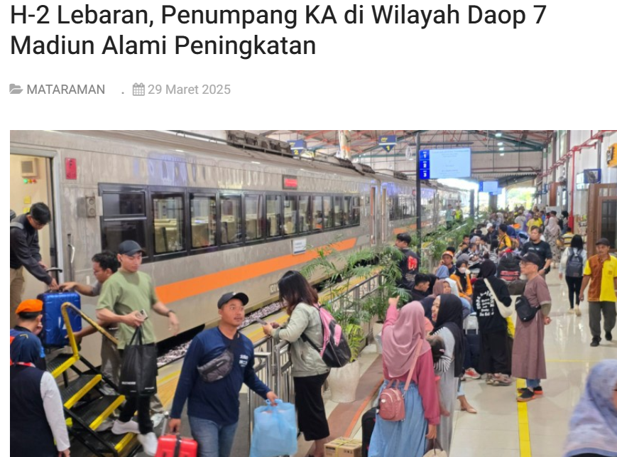 H-2 Lebaran, Penumpang KA di Wilayah Daop 7 Madiun Alami Peningkatan