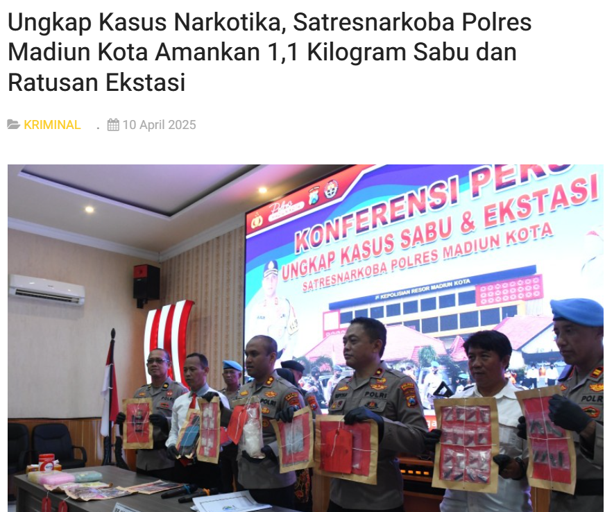 Ungkap Kasus Narkotika, Satresnarkoba Polres Madiun Kota Amankan 1,1 Kilogram Sabu dan Ratusan Ekstasi