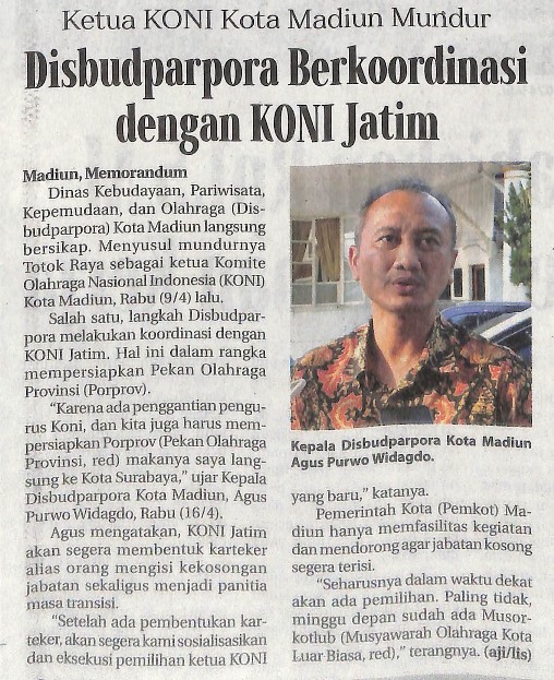 Ketua KONI Kota Madiun Muridur  Disbudparpora Berkoordinasi dengan KONI Jatim