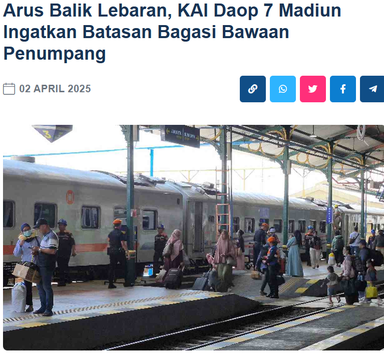 Arus Balik Lebaran, KAI Daop 7 Madiun Ingatkan Batasan Bagasi Bawaan Penumpang