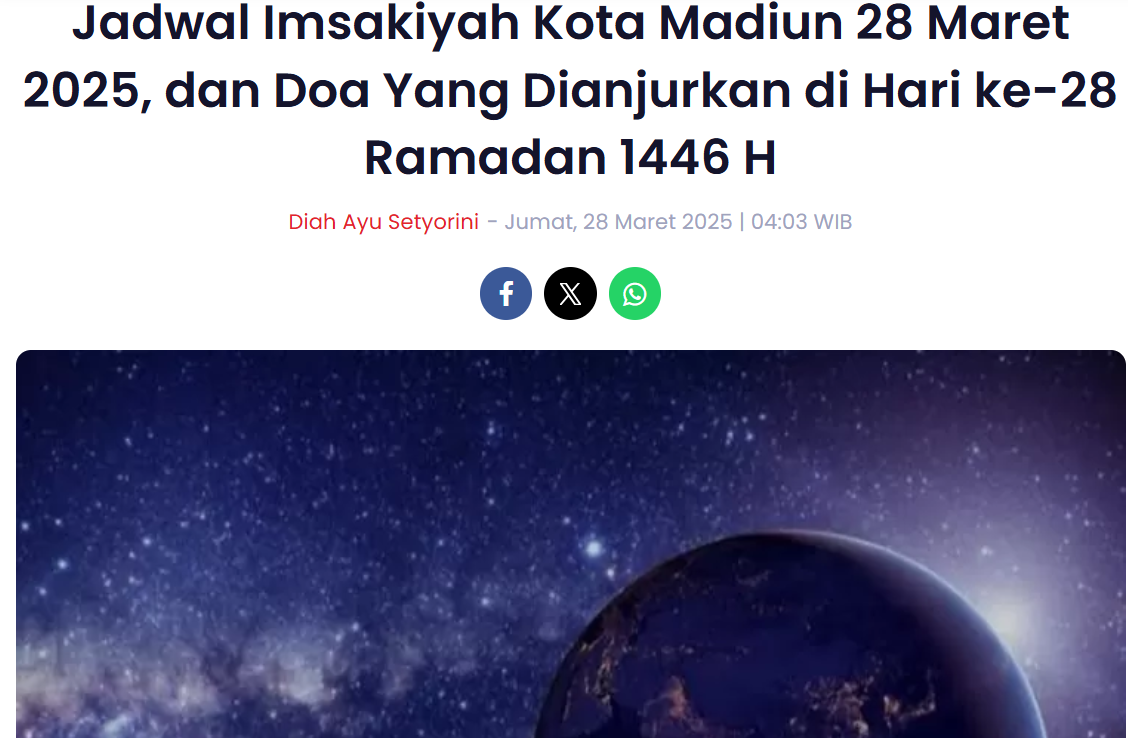 Jadwal Imsakiyah Kota Madiun 28 Maret 2025, dan Doa Yang Dianjurkan di Hari ke-28 Ramadan 1446 H