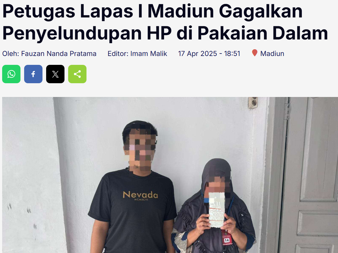 Petugas Lapas I Madiun Gagalkan Penyelundupan HP di Pakaian Dalam