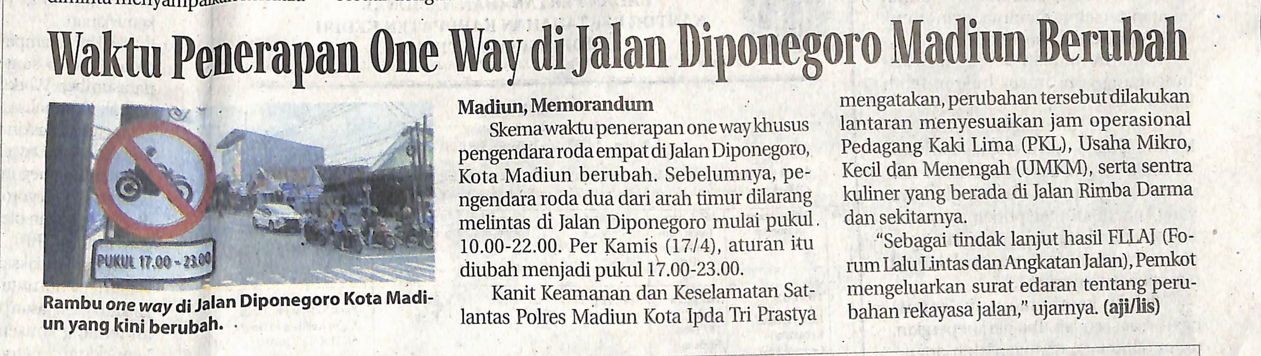 Waktu Penerapan One Way di Jalan Diponegoro Madiun Berubah  PUKUL 17.00-23.00