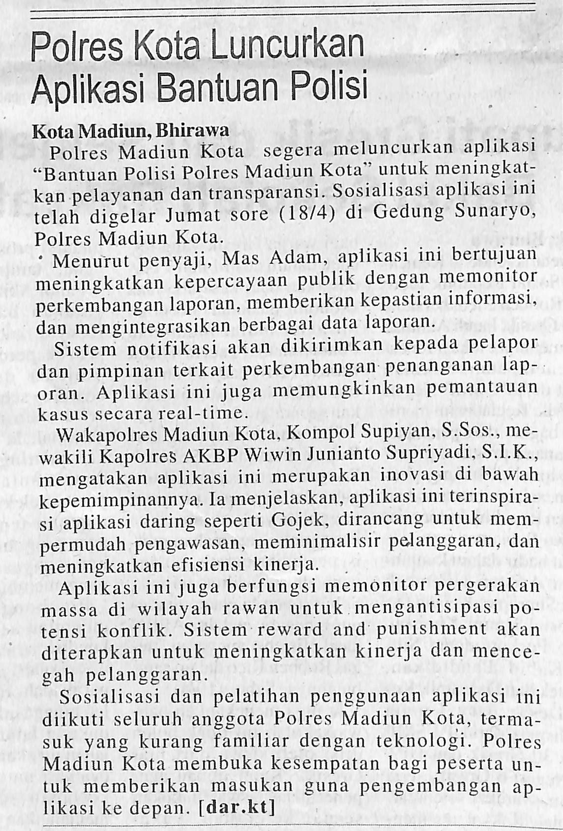 Polres Kota Luncurkan Aplikasi Bantuan Polisi