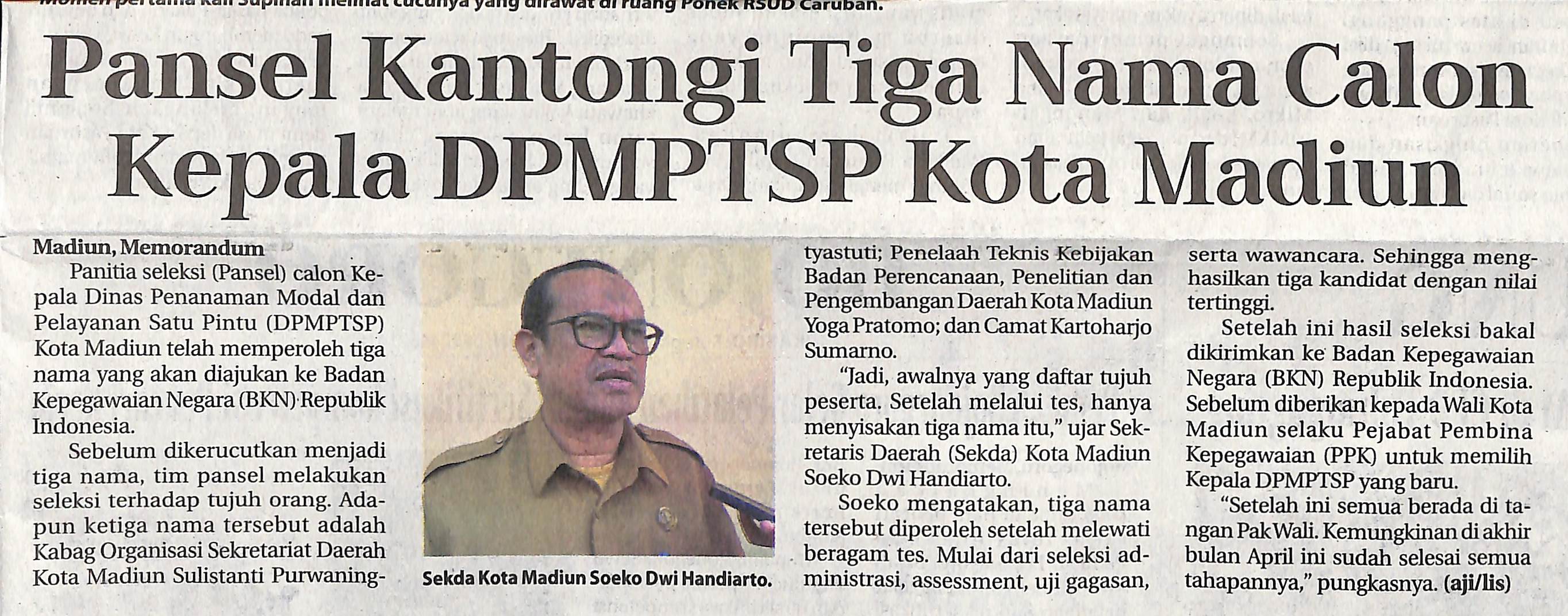 Pansel Kantongi Tiga Nama Calon Kepala DPMPTSP Kota Madiun