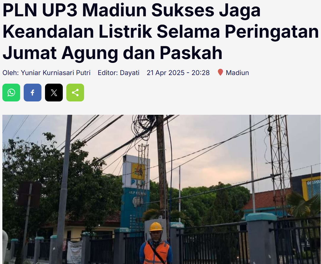 PLN UP3 Madiun Sukses Jaga Keandalan Listrik Selama Peringatan Jumat Agung dan Paskah