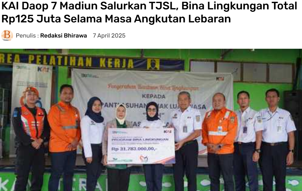 KAI Daop 7 Madiun Salurkan TJSL, Bina Lingkungan Total Rp125 Juta Selama Masa Angkutan Lebaran