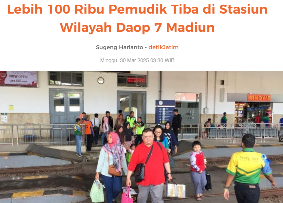 Lebih 100 Ribu Pemudik Tiba di Stasiun Wilayah Daop 7 Madiun