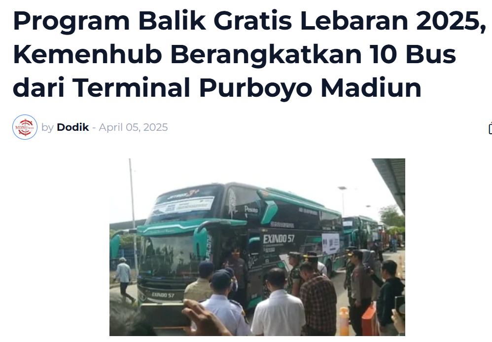 Program Balik Gratis Lebaran 2025, Kemenhub Berangkatkan 10 Bus dari Terminal Purboyo Madiun