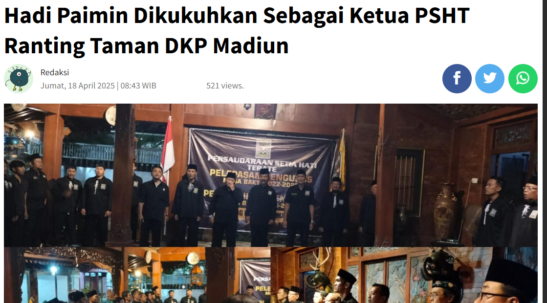 Hadi Paimin Dikukuhkan Sebagai Ketua PSHT Ranting Taman DKP Madiun