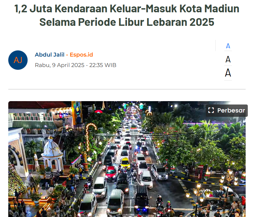 1,2 Juta Kendaraan Keluar-Masuk Kota Madiun Selama Periode Libur Lebaran 2025