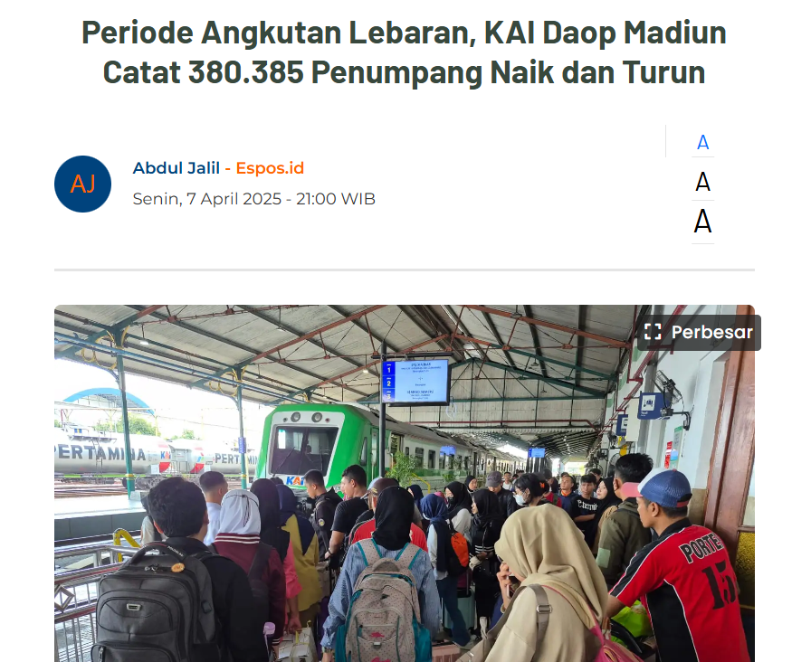 Periode Angkutan Lebaran, KAI Daop Madiun Catat 380.385 Penumpang Naik dan Turun