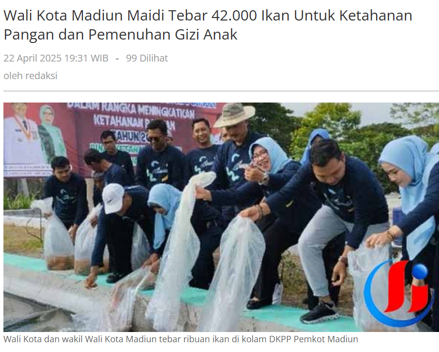 Wali Kota Madiun Maidi Tebar 42.000 Ikan Untuk Ketahanan Pangan dan Pemenuhan Gizi Anak
