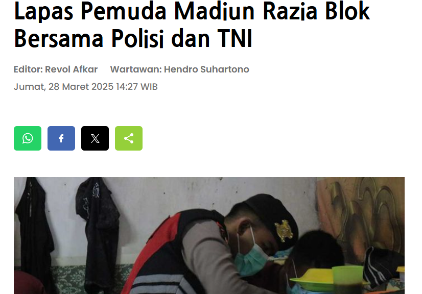 Lapas Pemuda Madiun Razia Blok Bersama Polisi dan TNI