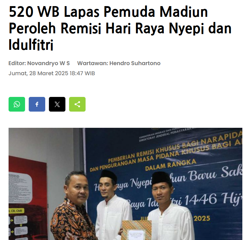 520 WB Lapas Pemuda Madiun Peroleh Remisi Hari Raya Nyepi dan Idulfitri