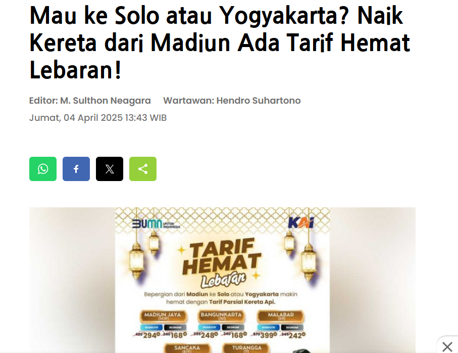 Mau ke Solo atau Yogyakarta, Naik Kereta dari Madiun Ada Tarif Hemat Lebaran