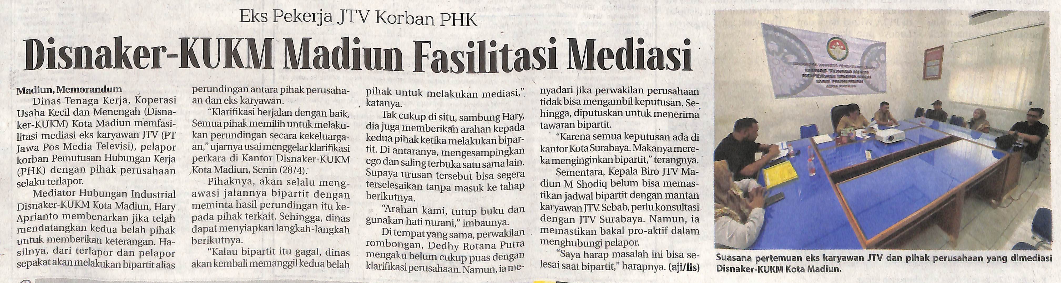 Eks Pekerja JTV Korban PHK, DISNAKER KUKM Madiun Fasilitasi Mediasi