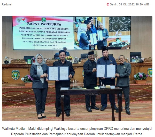 Walikota Madiun Setujui Raperda Pelestarian dan Pemajuan Kebudayaan Daerah