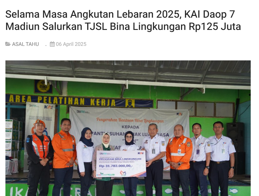 Selama Masa Angkutan Lebaran 2025, KAI Daop 7 Madiun Salurkan TJSL Bina Lingkungan Rp125 Juta