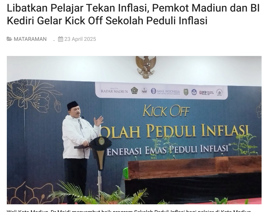 Libatkan Pelajar Tekan Inflasi, Pemkot Madiun dan BI Kediri Gelar Kick Off Sekolah Peduli Inflasi