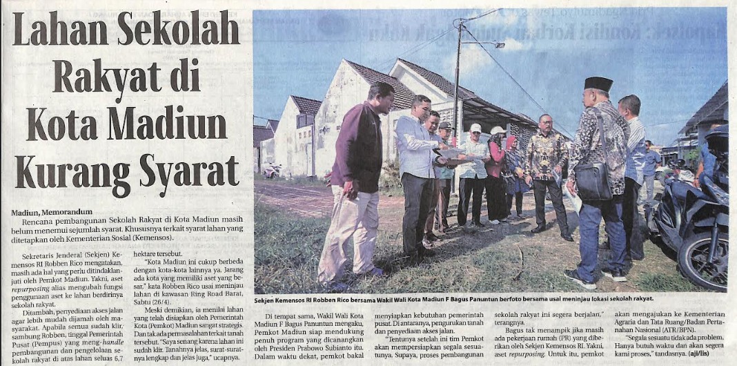 Lahan Sekolah Rakyat di Kota Madiun Kurang Syarat