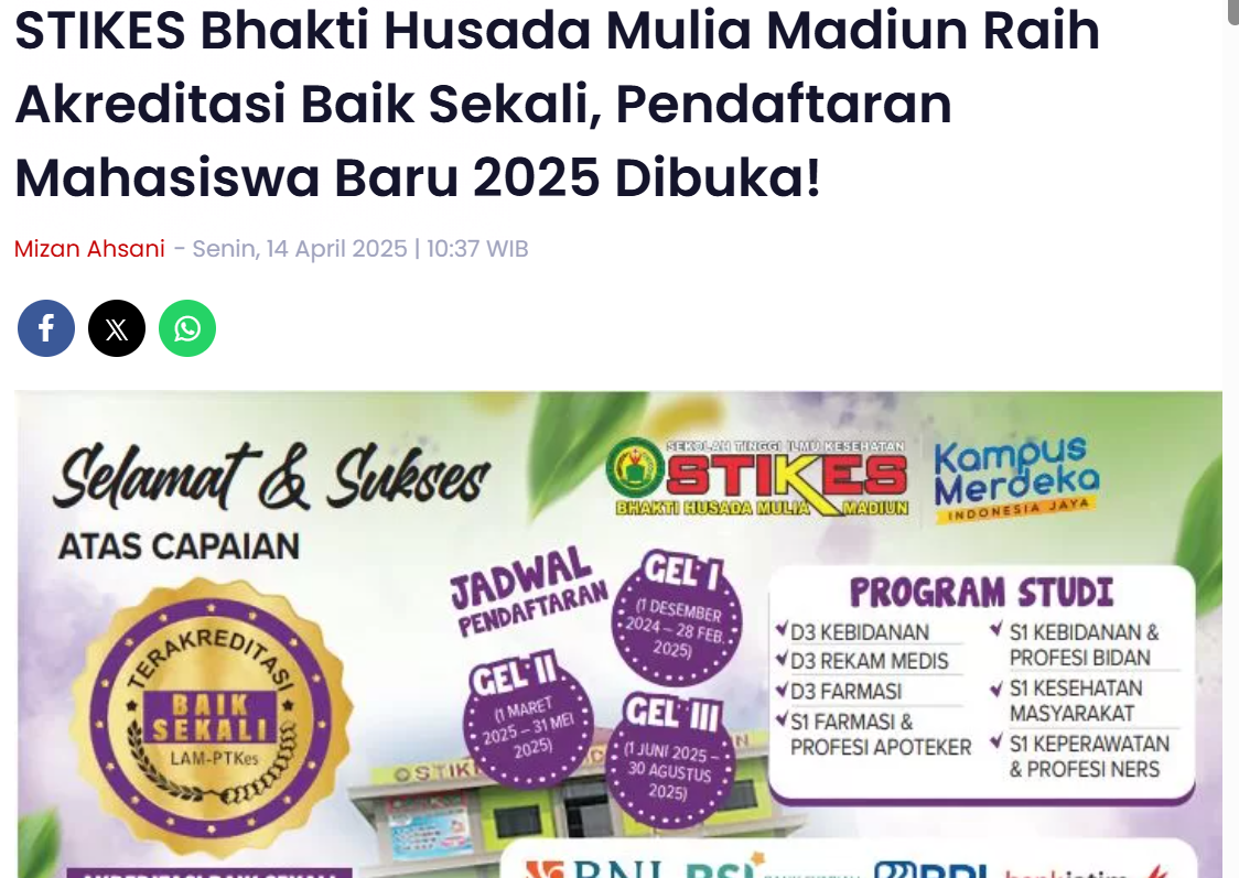 STIKES Bhakti Husada Mulia Madiun Raih Akreditasi Baik Sekali, Pendaftaran Mahasiswa Baru 2025 Dibuka!
