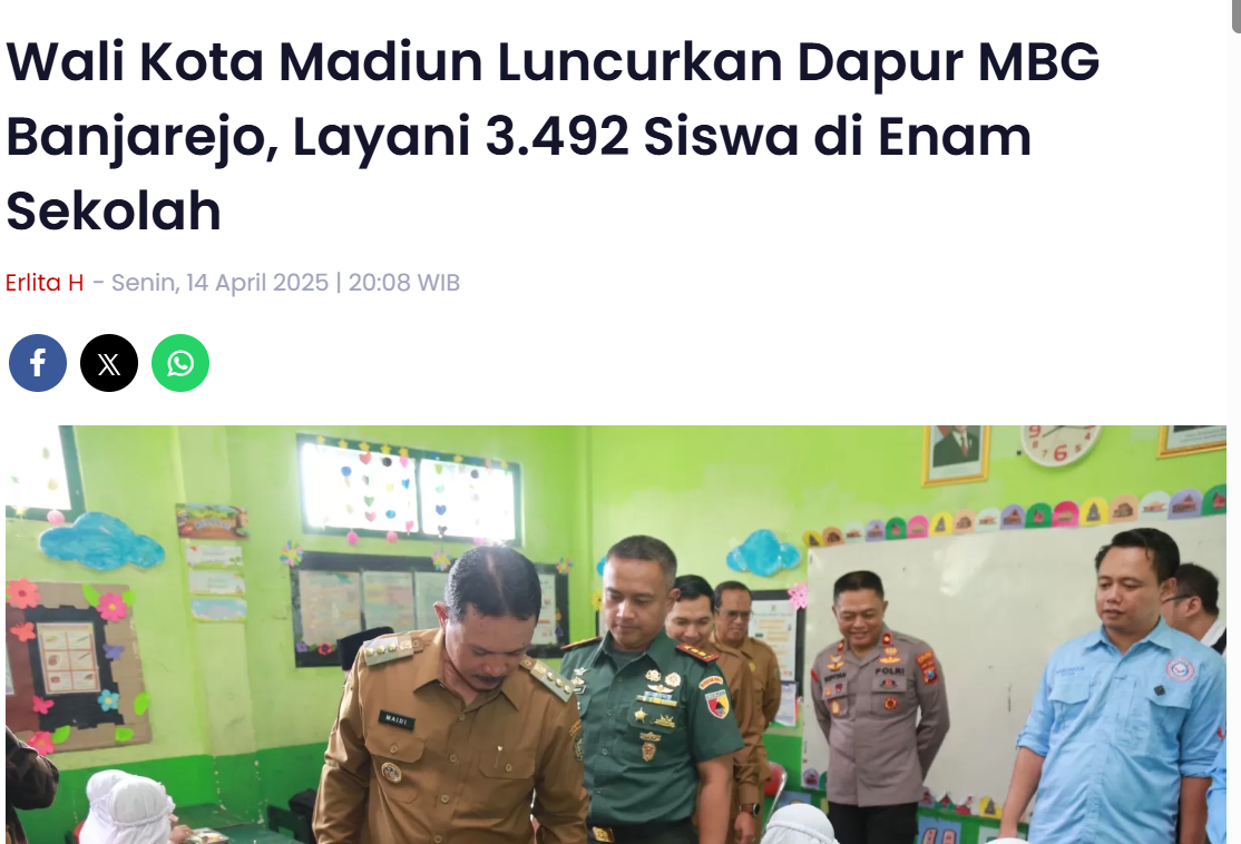 Wali Kota Madiun Luncurkan Dapur MBG Banjarejo, Layani 3.492 Siswa di Enam Sekolah