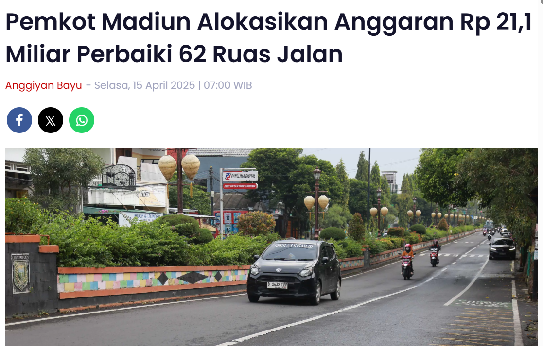 Pemkot Madiun Alokasikan Anggaran Rp 21,1 Miliar Perbaiki 62 Ruas Jalan