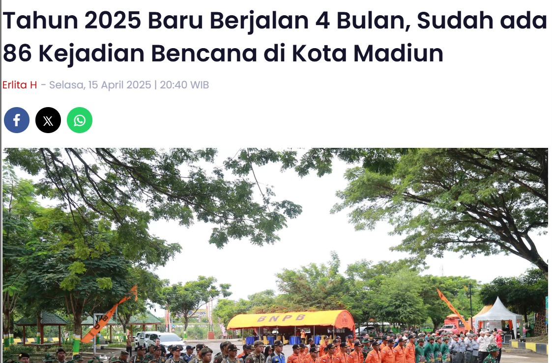 Tahun 2025 Baru Berjalan 4 Bulan, Sudah ada 86 Kejadian Bencana di Kota Madiun