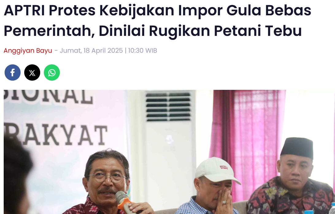 APTRI Protes Kebijakan Impor Gula Bebas Pemerintah, Dinilai Rugikan Petani Tebu