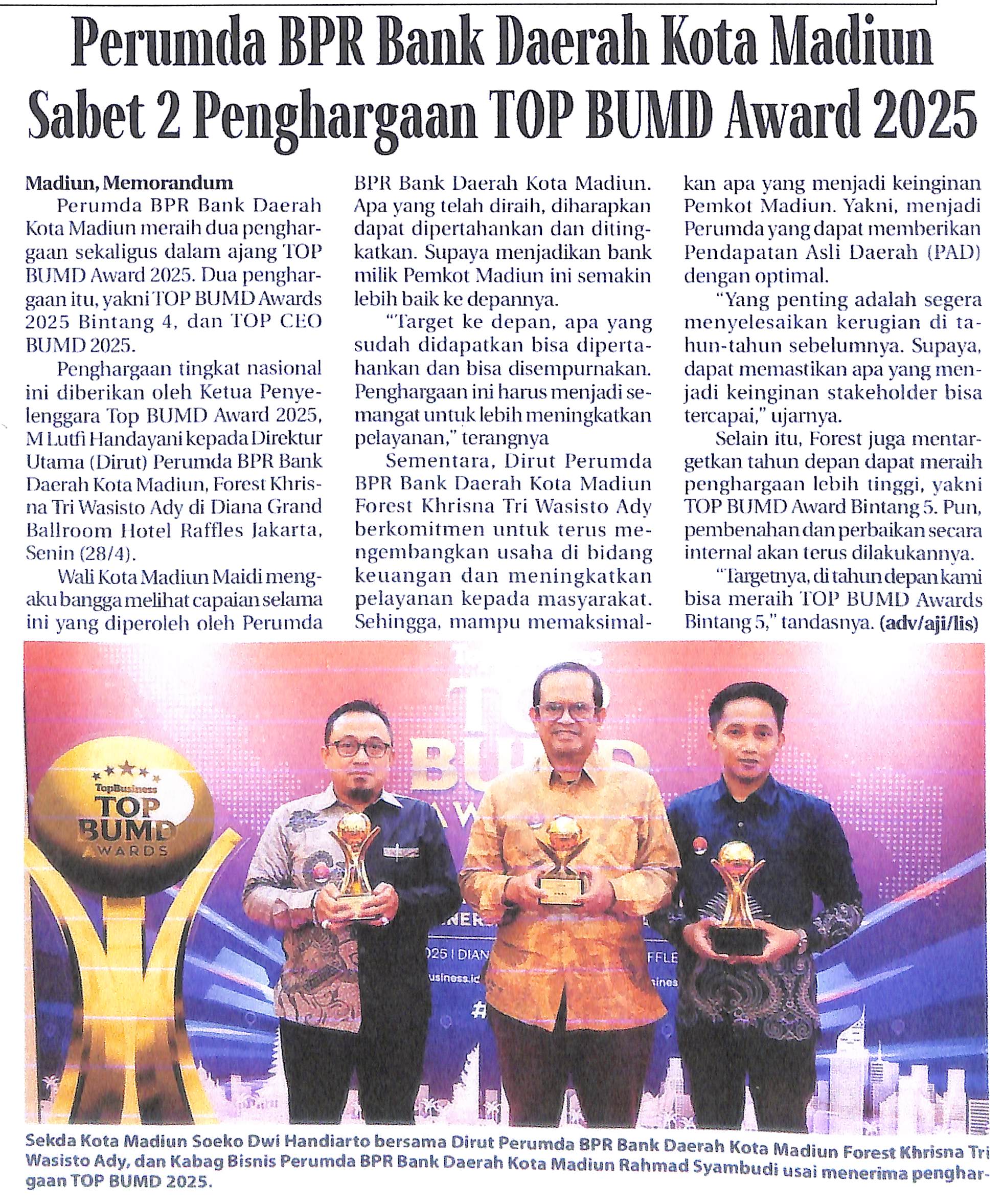 Perumda BPR Bank Daerah Kota Madiun Sabet 2 Penghargaan TOP BUMD Award 2025