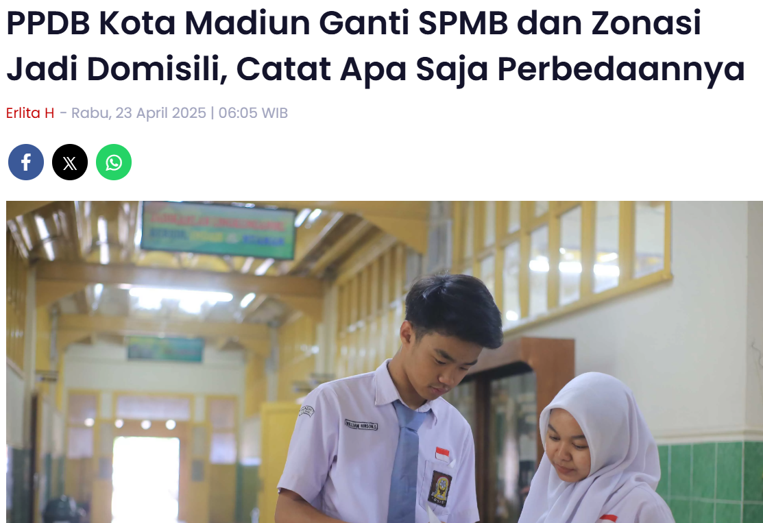 PPDB Kota Madiun Ganti SPMB dan Zonasi Jadi Domisili, Catat Apa Saja Perbedaannya