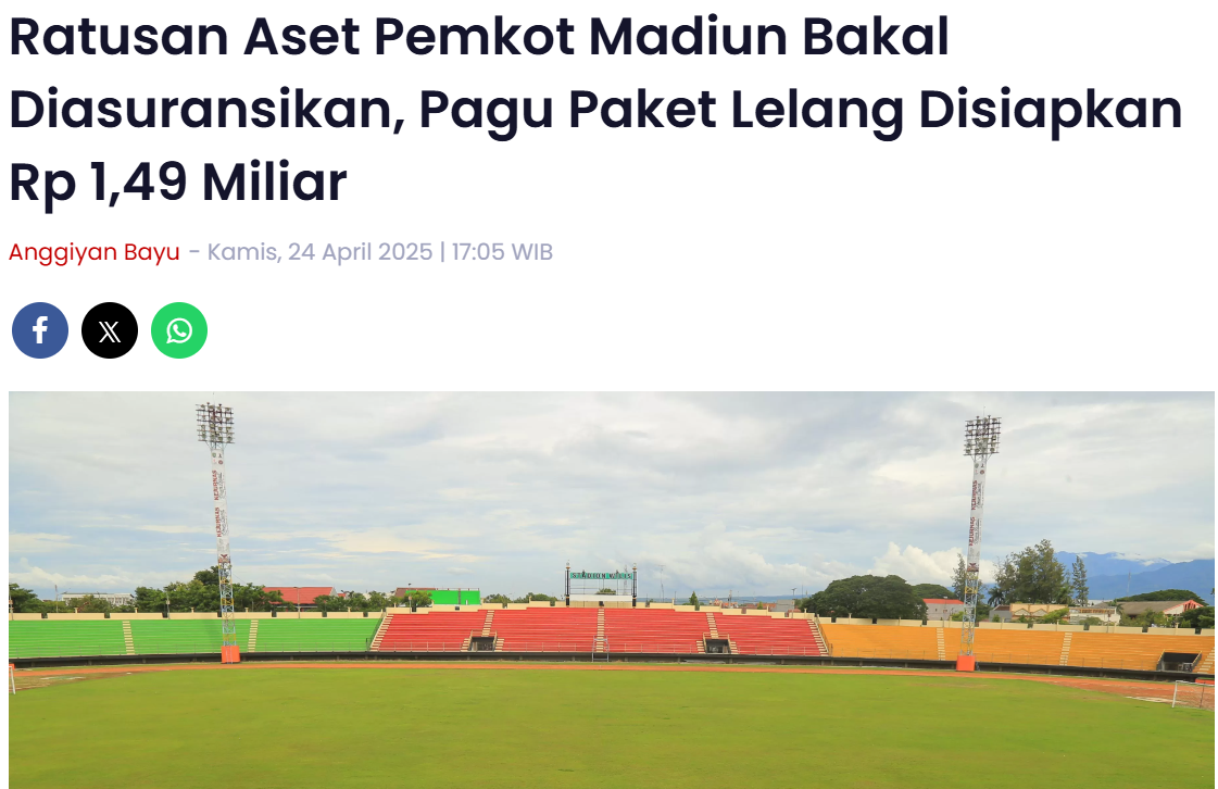 Ratusan Aset Pemkot Madiun Bakal Diasuransikan, Pagu Paket Lelang Disiapkan Rp 1,49 Miliar