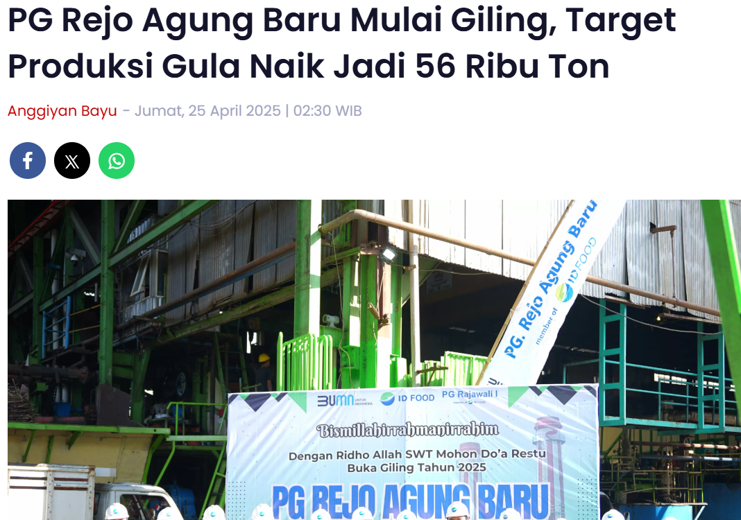 PG Rejo Agung Baru Mulai Giling, Target Produksi Gula Naik Jadi 56 Ribu Ton