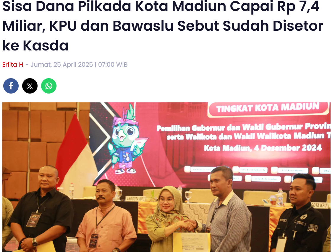 Sisa Dana Pilkada Kota Madiun Capai Rp 7,4 Miliar, KPU dan Bawaslu Sebut Sudah Disetor ke Kasda