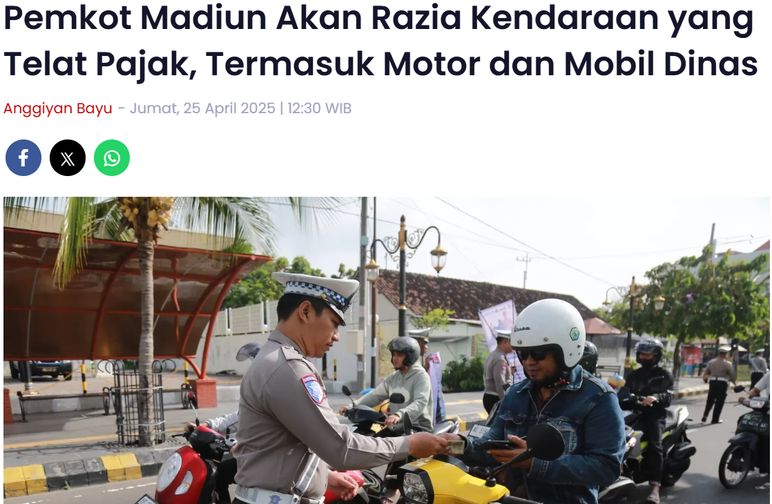 Pemkot Madiun Akan Razia Kendaraan yang Telat Pajak, Termasuk Motor dan Mobil Dinas
