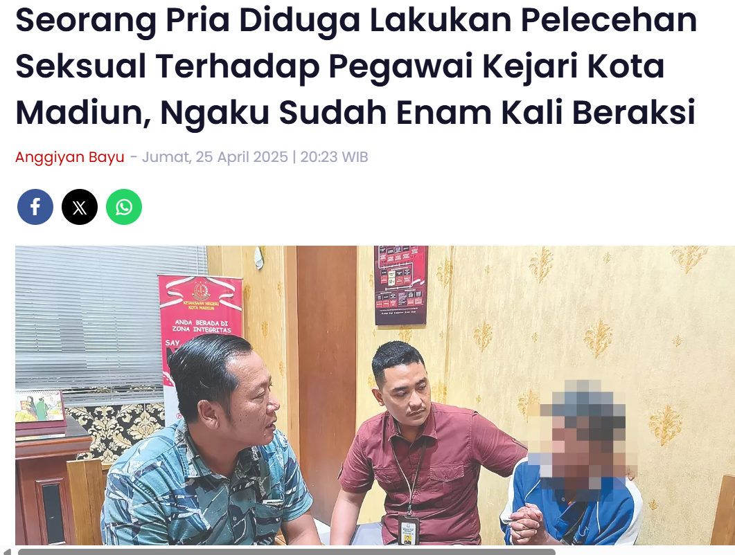 Seorang Pria Diduga Lakukan Pelecehan Seksual Terhadap Pegawai Kejari Kota Madiun, Ngaku Sudah Enam Kali Beraksi