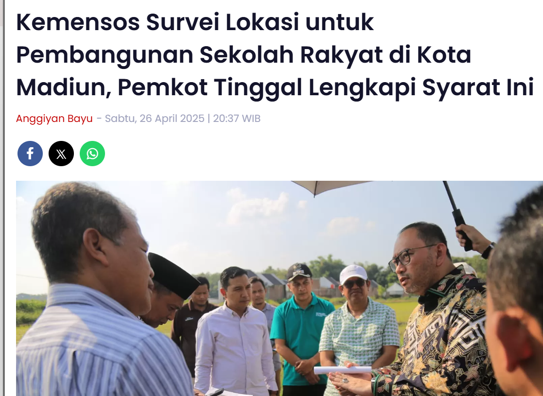 Kemensos Survei Lokasi untuk Pembangunan Sekolah Rakyat di Kota Madiun, Pemkot Tinggal Lengkapi Syarat Ini
