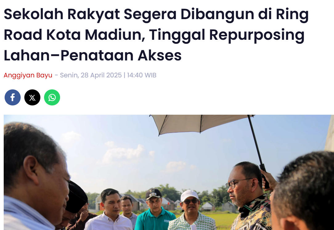 Sekolah Rakyat Segera Dibangun di Ring Road Kota Madiun, Tinggal Repurposing Lahan Penataan Akses