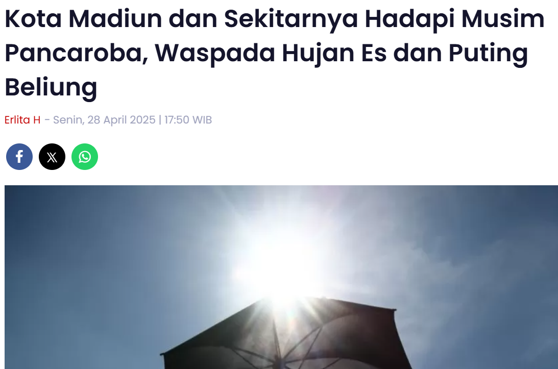 Kota Madiun dan Sekitarnya Hadapi Musim Pancaroba, Waspada Hujan Es dan Puting Beliung