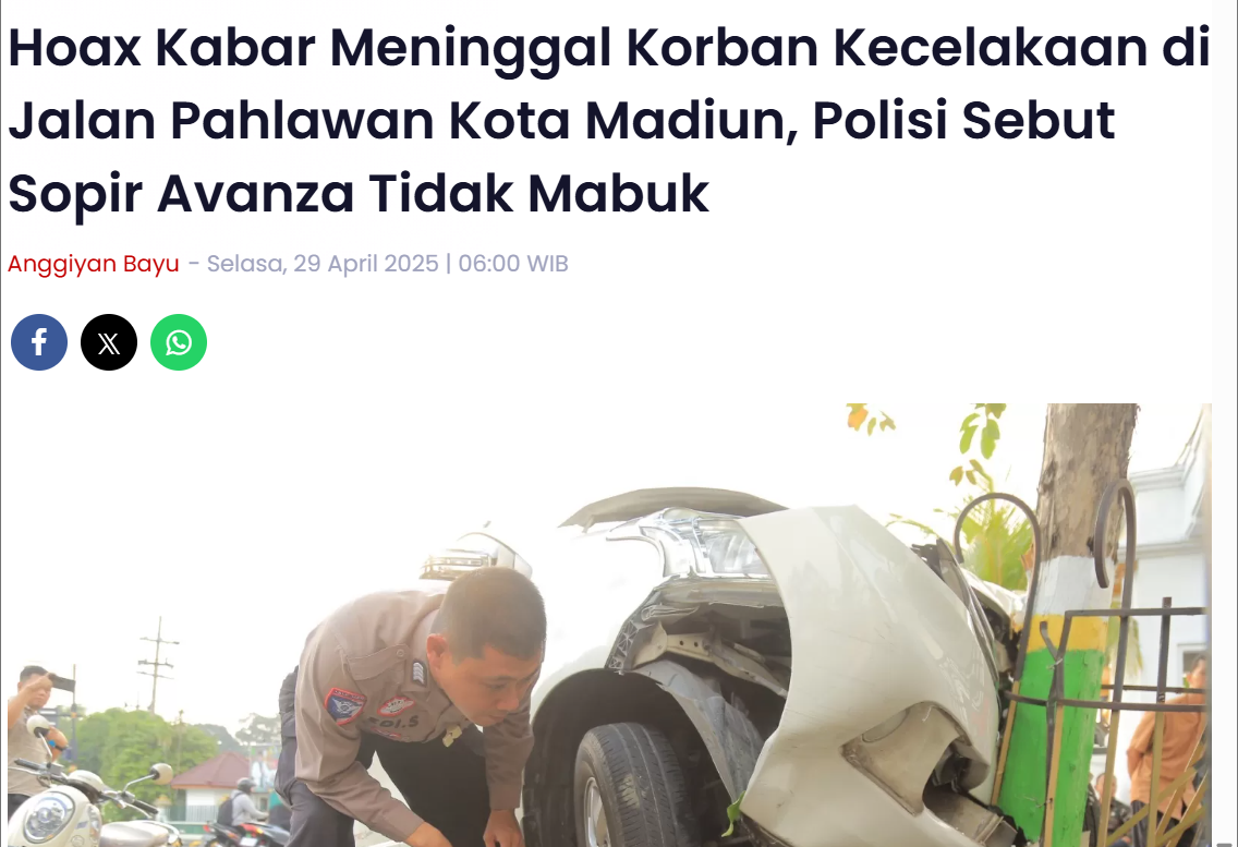 Hoax Kabar Meninggal Korban Kecelakaan di Jalan Pahlawan Kota Madiun, Polisi Sebut Sopir Avanza Tidak Mabuk