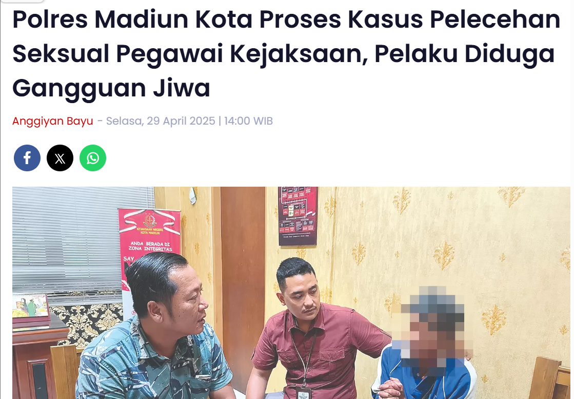 Polres Madiun Kota Proses Kasus Pelecehan Seksual Pegawai Kejaksaan, Pelaku Diduga Gangguan Jiwa