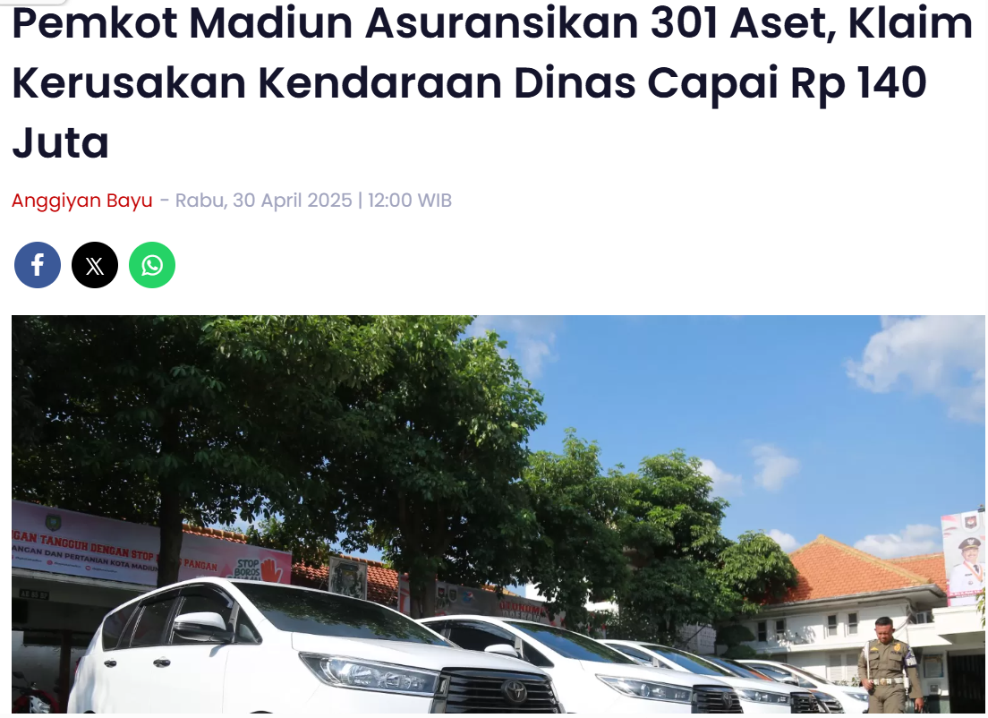 Pemkot Madiun Asuransikan 301 Aset, Klaim Kerusakan Kendaraan Dinas Capai Rp 140 Juta
